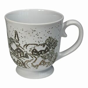 Snow Day Mug White Gold Embossing- Snowy Village Scene- HTF Rare Cracker Barrel